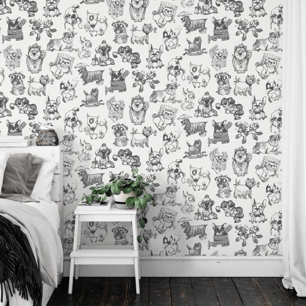 Pooches Children&#039;s Room Wallpaper Mono by Muriva